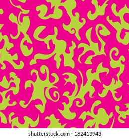 A trippy pattern of a marbled texture made of green shapes on a magenta background.