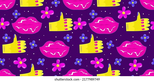 Trippy psychedelic aesthetic y2k seamless pattern. Trippy smile retro pop funny cartoon character. Smiley Happy face. Psychedelic print. Daisy flower, hand and lips.