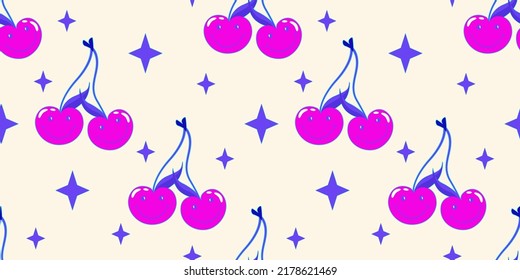 Trippy psychedelic aesthetic y2k seamless pattern. Trippy smile retro pop funny cartoon character. Smiley Happy face. Psychedelic print. Cherry and star.