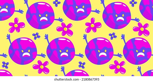 Trippy Psychedelic Aesthetic Y2k Seamless Pattern. Trippy Smile Retro Pop Funny Cartoon Character. Smile Happy Face. Psychedelic Print. Planet And Daisy.