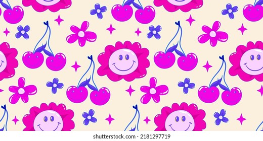 Trippy psychedelic aesthetic y2k seamless pattern. Trippy smile retro pop funny cartoon character. Smile Happy face. Psychedelic print. Daisy flower, cherry and star.