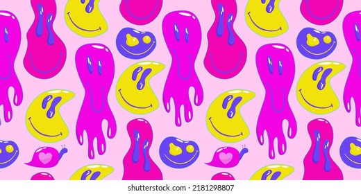 Trippy psychedelic aesthetic y2k seamless pattern. Trippy smile retro pop funny cartoon character. Smile Happy face. Psychedelic print