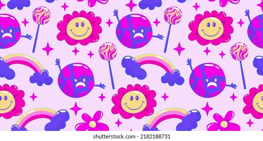 Trippy Psychedelic Aesthetic Y2k Seamless Pattern. Trippy Smile Retro Pop Funny Cartoon Character. Smile Happy Face. Psychedelic Print. Daisy Flower, Planet And Rainbow.