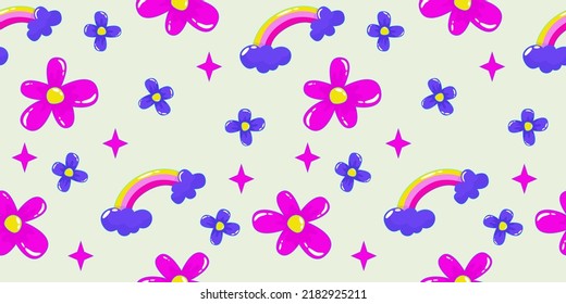 Trippy psychedelic aesthetic y2k seamless pattern. Trippy smile retro pop funny cartoon character. Smile Happy face. Psychedelic print. Daisy flower and rainbow.