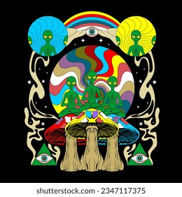 trippy psychedelic alien flat retro vintage design vector illustration