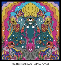 trippy psychedelic alien under sea retro vector design