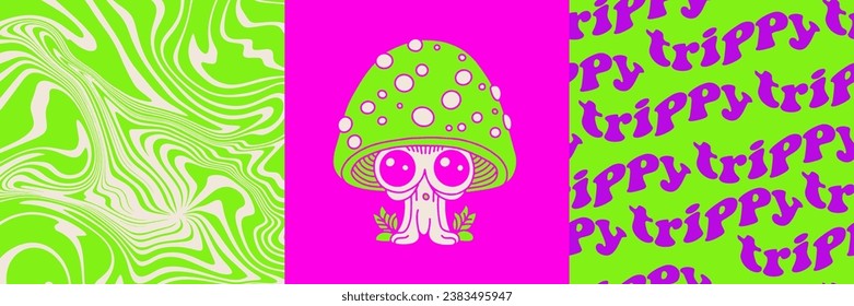 Trippy psychedelic art 70s surreal design covers set. Weird bright trippy seamless pattern, unusual mushroom characters posters. Acid neon elements, snugly mushrooms vector cards collection.