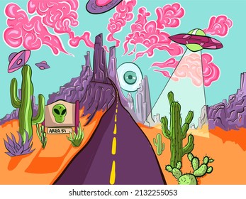 Trippy and psychedelic artwork of desert landscape from area 51. Surreal illustration of an alien and UFO invasion with cactuses, mountains and pink smokey clouds.