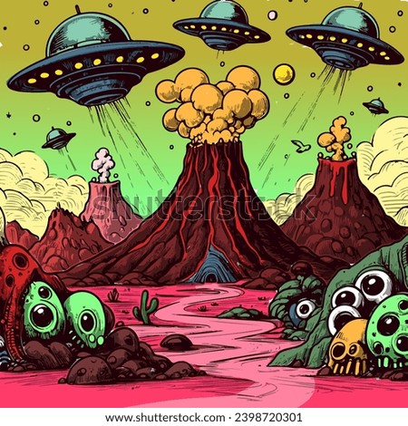 Trippy and psychedelic artwork of desert landscape from area 51. Surreal illustration of an alien and UFO invasion with cactuses, mountains and volcano.