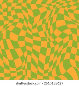 Trippy Psychedelic Checkerboard Background with Retro Colors. Abstract design with distortion grid effect. Twisted wavy and groovy geometrical chessboard. Distorted funky 70s hippie art
