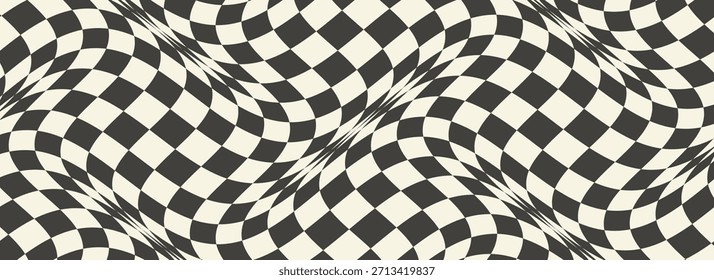Trippy fondo de tablero de ajedrez psicodélico. Fondo de pantalla retro a cuadros. Superficie de tablero de ajedrez ondulada. Patrón de ajedrez de cuadrícula geométrica distorsionada. Abstractas viejo fondo deformado de la bandera. eps10