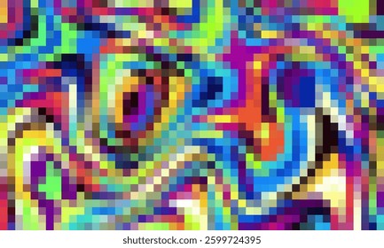 Trippy psychedelic colorful neon geometric shapes abstract background, Pixelated vector pattern