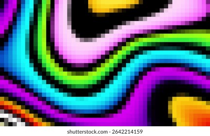Trippy psychedelic colorful neon geometric shapes abstract background, Pixelated vector pattern