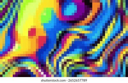 Trippy psychedelic colorful neon geometric shapes abstract background, Pixelated vector pattern