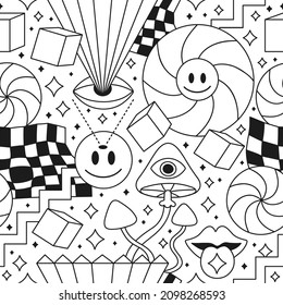 Trippy psychedelic geometry coloring page seamless pattern Vector crazy cartoon character illustration Smile groovy faces acid trippy cells seamless pattern wallpaper coloring book print concept
