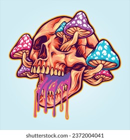 Trippy psychedelic head skull mushrooms vector illustrations for your work logo, merchandise t-shirt, stickers and label designs, poster, greeting cards advertising business company or brands