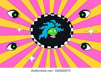 Trippy psychedelic illustration with strange person, eyes, stars. Acid hippie print.