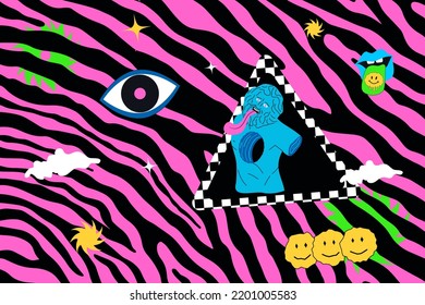 Trippy psychedelic illustration with strange person, different shapes on an acid zebra background. Trippy artwork.