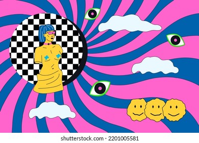 Trippy Psychedelic Illustration With Weird Greek Statue And Different Shapes. Acid Hippie Placard.