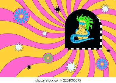 Trippy psychedelic illustration with weird person, eyes, stars. Acid hippie trippy print.