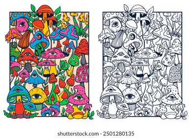 Trippy psychedelic mushroom adult colouring page with colored version, cute doodle sketch hand drawn style, vector illustration 