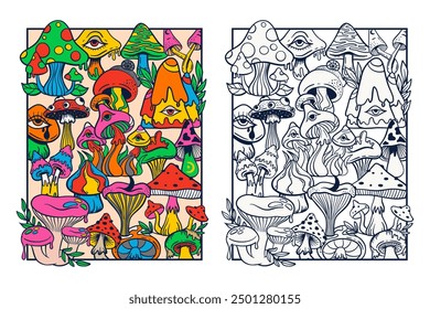 Trippy psychedelic mushroom adult colouring page with colored version, cute doodle sketch hand drawn style, vector illustration 