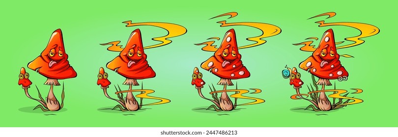 Trippy psychedelic mushroom art vector illustration. Magic groovy psilocybin drawing. Vintage 70s fantasy and hallucination fungus design. 1960s crazy fluorescent mascot set. Drug plant in acid dream