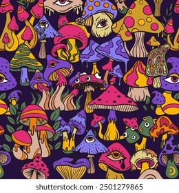 Trippy psychedelic mushroom seamless pattern background, doodle sketch hand drawn style, vector illustration 