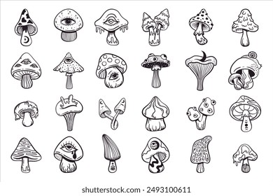 Trippy psychedelic mushroom set, cute doodle sketch hand drawn style