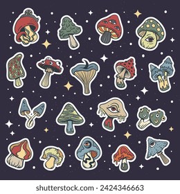 Trippy psychedelic mushroom sticker set, cute doodle sketch hand drawn style