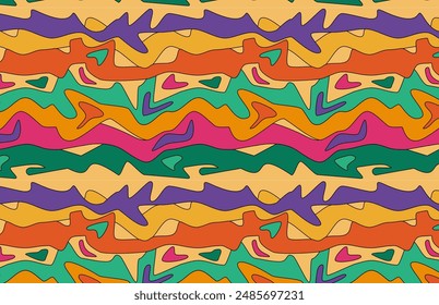 Trippy psychedelic seamless pattern. Wavy colourful stripes and shapes.  Abstract vector background.  Modern art. 