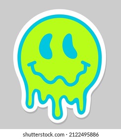 Trippy psychedelic Sticker. Melting smiling face. Psychedelic surreal techno acid LSD melt smile face logo.  Dripping smile. Good mood. Positive emoji. Molten. Vector. Emoji face. Positive emoji