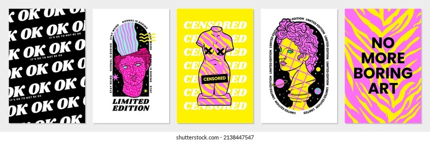 Trippy psychedelic vector posters, cover design, cards. Greek sculpture, surreal elements, modern statues, geometric shapes, arch in trendy psychedelic acid weird style. Neon bright colors.