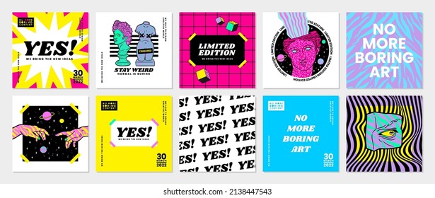 Trippy psychedelic vector square posters, cover design, cards. Greek sculpture, surreal elements, modern statues, geometric shapes, arch in trendy psychedelic acid weird style. Neon bright colors.