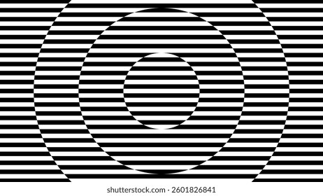 Trippy Radial Optical Illusion Circle with Striped Lines. Circular Op Art Element with Geometric Black and White Pattern. Abstract Visual Effect. Vector Illustration.