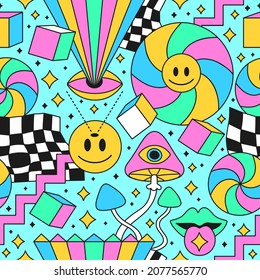 Trippy rainbow 60s pop psychedelic seamless pattern.Vector crazy doodle character illustration.Smile smiley groovy faces,techno,acid,trippy,cells seamless pattern vintage wallpaper print art concept
