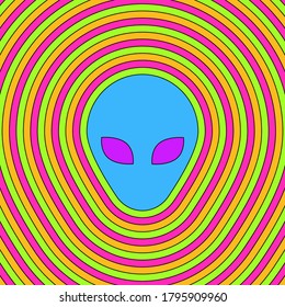 Trippy retro alien head vector art with concentric multicolored lines.