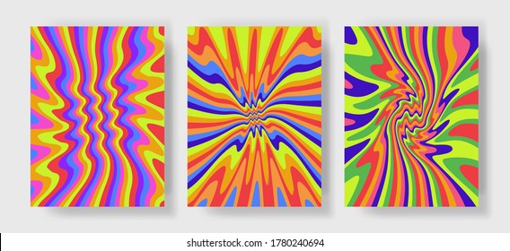 Trippy Retro Covers with Bright Acid Rainbow Colors and Groovy Geometric Wavy Pattern in style of the 60s-70s. Poster template for Music Party.