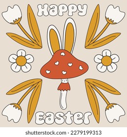 Trippy retro greeting card. Happy Easter. Fly agaric mushroom with flowers. Weird fungus with rabbit ears. Positive composition in cartoon style. Hippie aesthetic. 