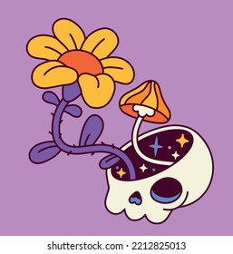 Trippy retro symbol. Bright psychedelic poster with groove skull, flower and mushroom. Funky vintage sticker. Design element for print. Cartoon flat vector illustration isolated on purple background