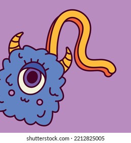 Trippy retro symbol. Funny psychedelic sticker with cute blue groove monster or alien with horns and eye. Design element for print. Cartoon flat vector illustration isolated on purple background