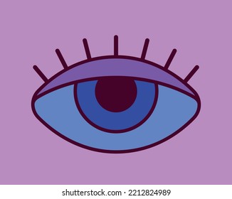 Trippy Retro Symbol. Simple Groovy Sticker Or Vintage Printable Object With Magic Eye. Funky Poster. Design Element For Social Networks. Cartoon Flat Vector Illustration Isolated On Purple Background