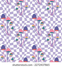 Trippy seamless pattern with checkered background and colorful psychedelic mushrooms. Retro pattern for textile, wallpaper, wrapping paper etc. 
