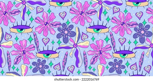 Patrón trippy sin fisuras con ojos y flores. El corazón loco abstracto. Patrón sin fisuras del vector del garabato. Diseño de trippy alienígena mágico.