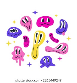 Trippy set of distorted smiles aesthetic y2k style. Funny unreal emoticons faces collection. Psychedelic design. Cartoon vector neon color print for posters, card, fabric, home decor