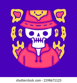 Trippy skull in bucket hat cartoon, illustration for t-shirt, sticker, or apparel merchandise. With modern pop and urban style.