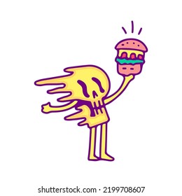 Trippy skull character holding cheeseburger cartoon, illustration for t-shirt, sticker, or apparel merchandise. With modern pop and retro style.