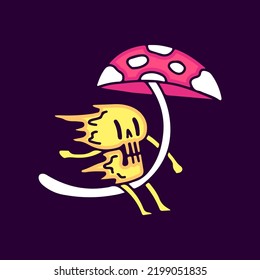 Trippy skull character riding magic mushroom cartoon, illustration for t-shirt, sticker, or apparel merchandise. With modern pop and urban style.