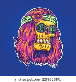 Cara de calavera trippy con gafas psicodélicas vectores de ilustraciones hippie para su logo de trabajo, camiseta de mercadería, pegatinas y diseños de etiquetas, afiche, tarjetas de felicitación marca de empresa comercial