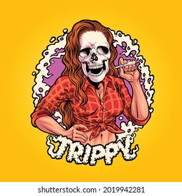 trippy skull girl mascot illustration